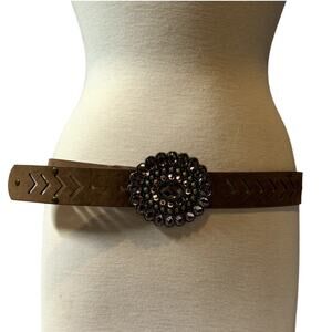 Gem Jewel Embellished Boho Prairie Belt Large Showy Buckle Size 11 42" Long